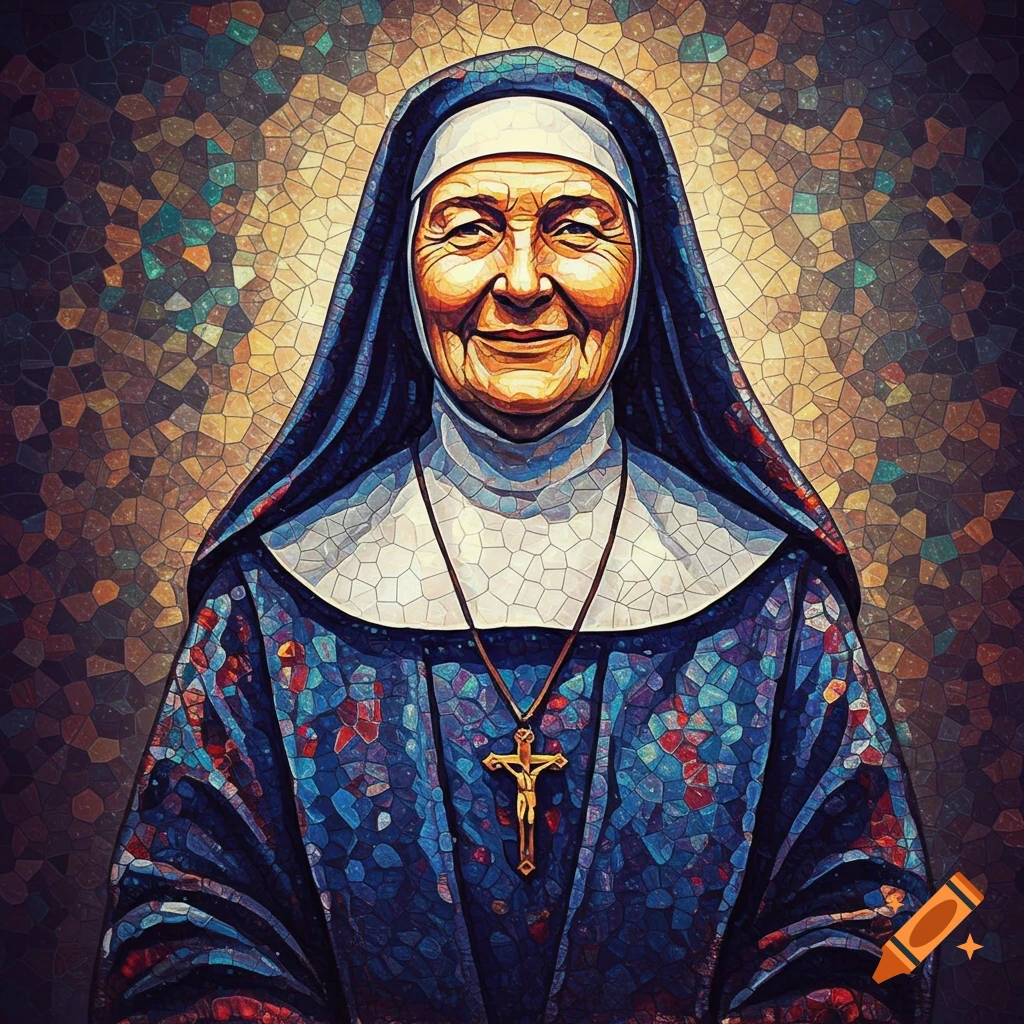 Portrait of a smiling old nun depicted in a vibrant, stained-glass tessellation style, predominantly blue with a golden crucifix.