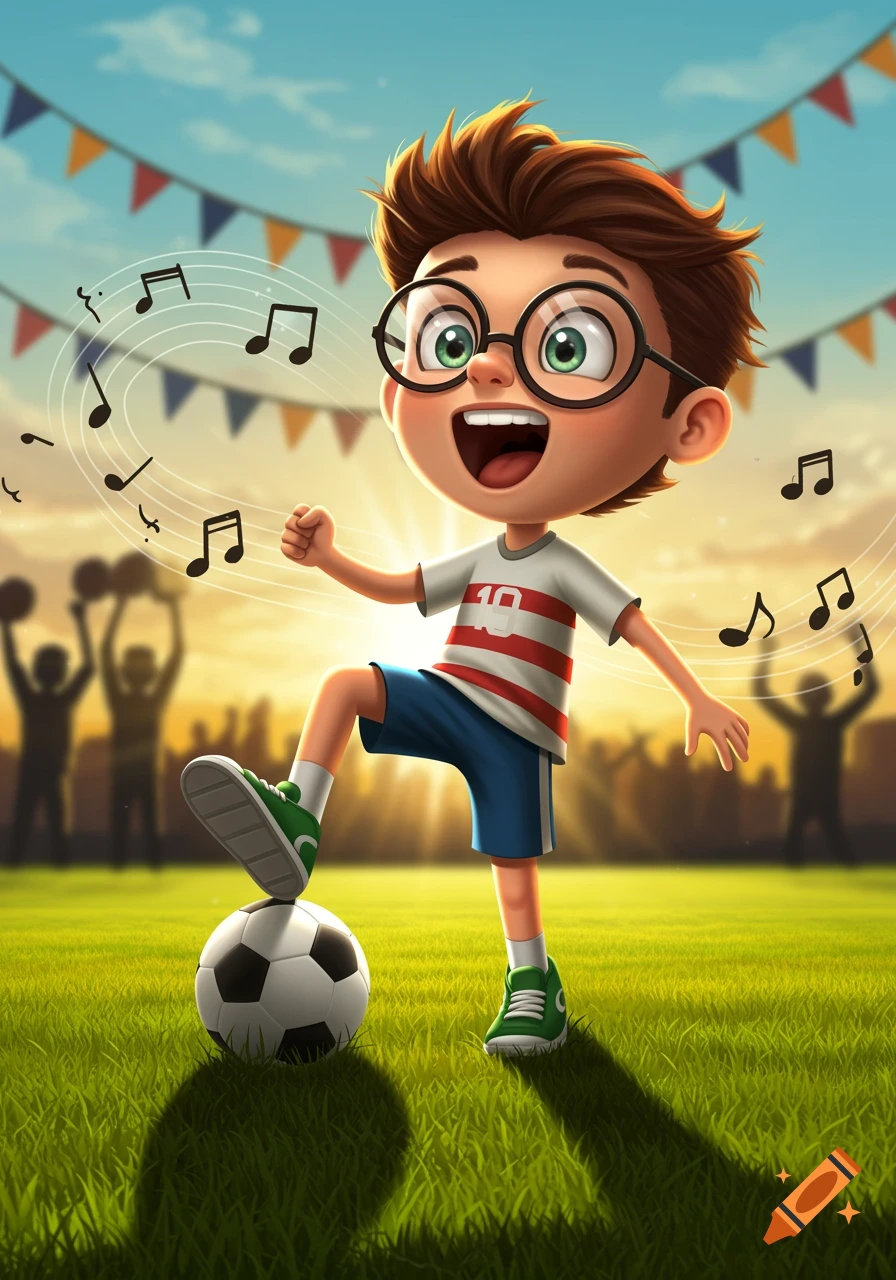 Cartoon boy with glasses and a number 10 shirt, singing and kicking a soccer ball on a sunny green field with musical notes floating around him.