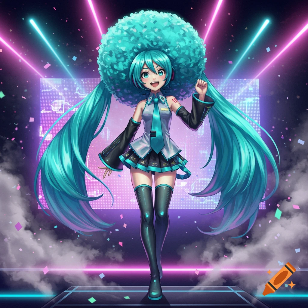 Hatsune Miku with a large afro and long pigtails, wearing her signature outfit on a neon-lit stage with confetti.