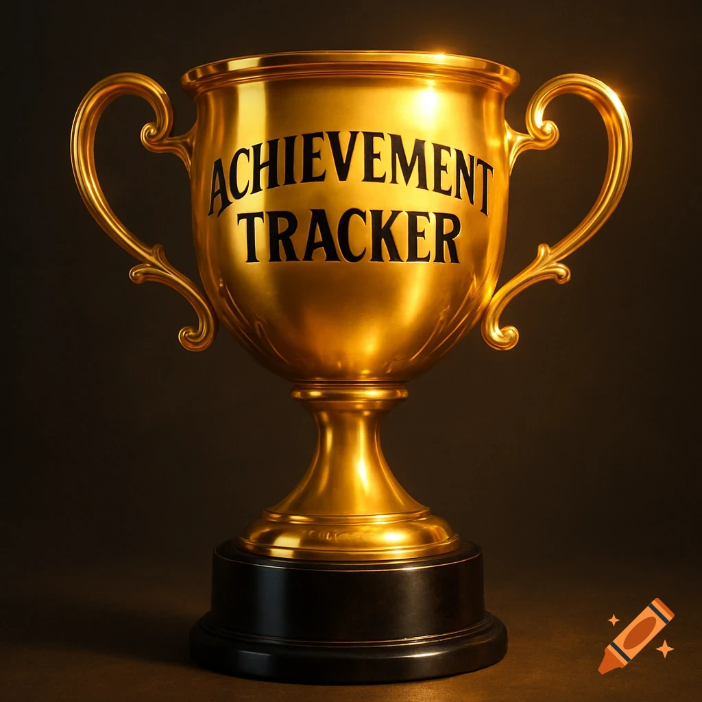 A shiny gold trophy with 'ACHIEVEMENT TRACKER' engraved on it, against a dark background.
