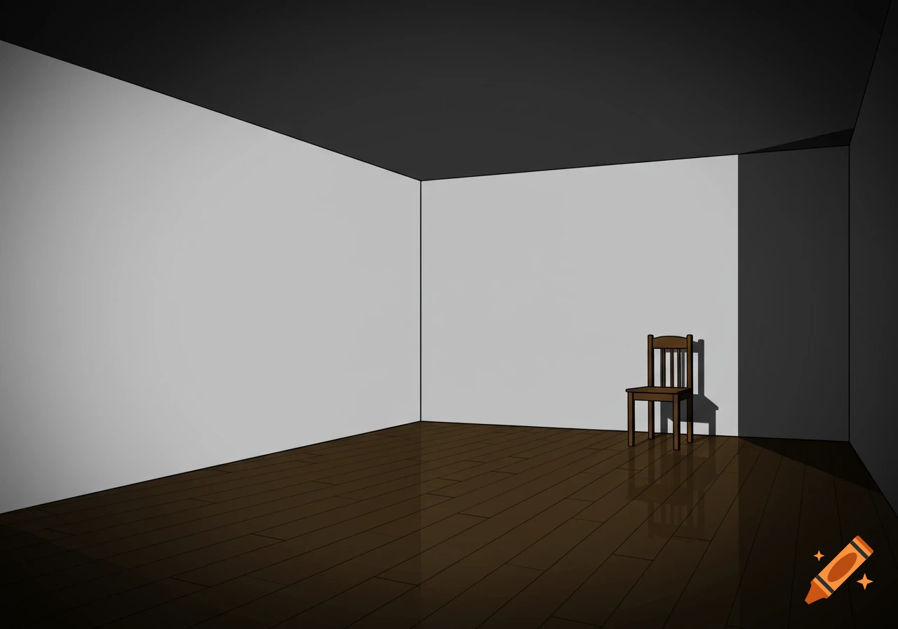 A minimalist vector illustration of an empty room with white walls, dark ceiling, polished wooden floor, and a single wooden chair in the corner.