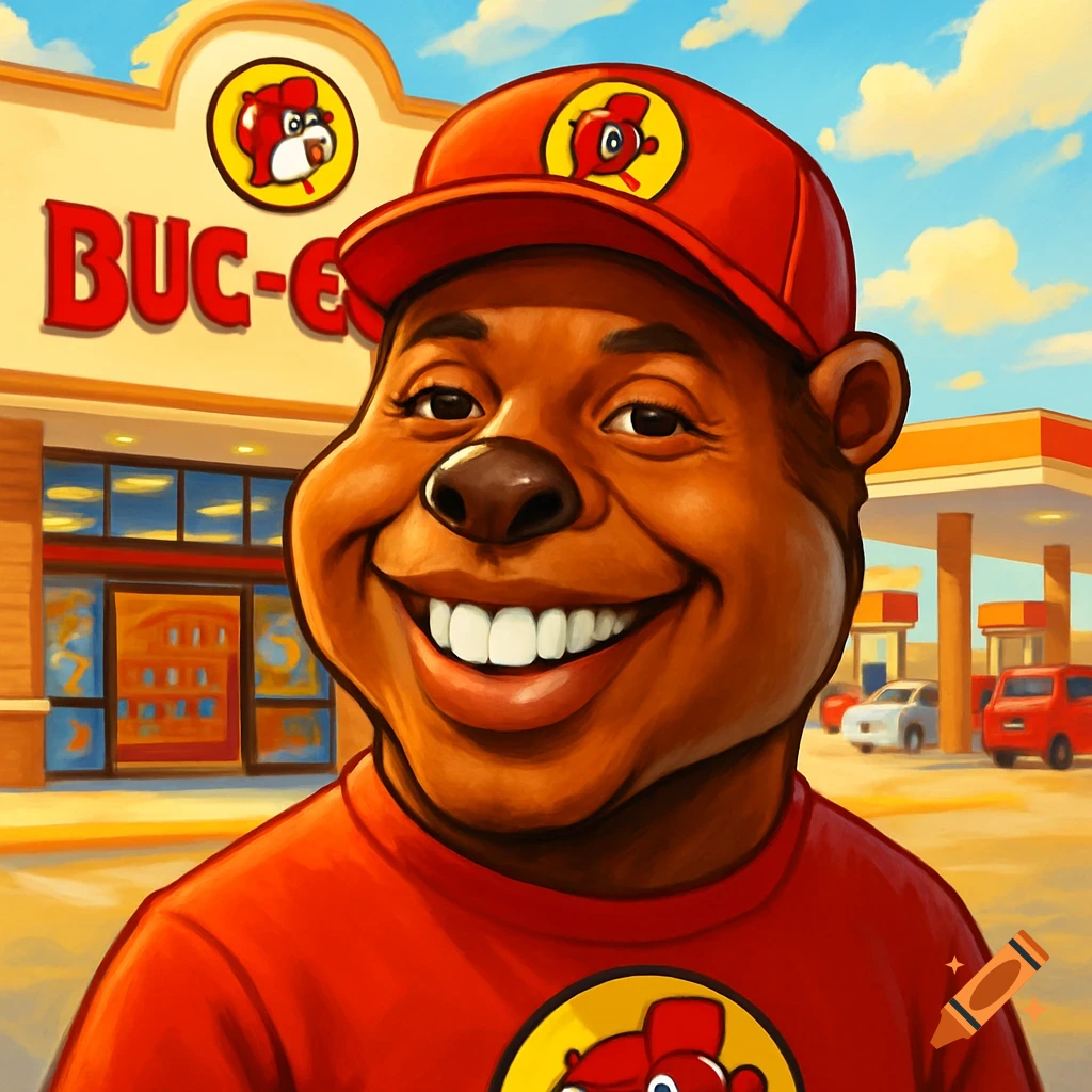 A smiling, cartoon beaver mascot with a human-like face, wearing a red hat and shirt, stands in front of a store with a partially visible 'BUC-E' sign and gas pumps in the background. Illustrative style.