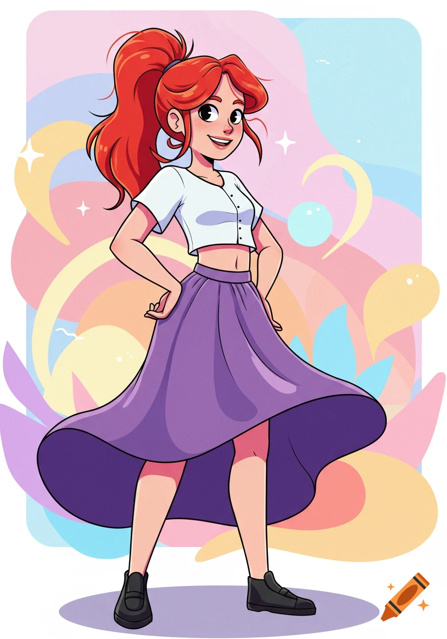 Smiling cartoon woman with red ponytail, white crop top, and purple skirt, posing against colorful abstract shapes.