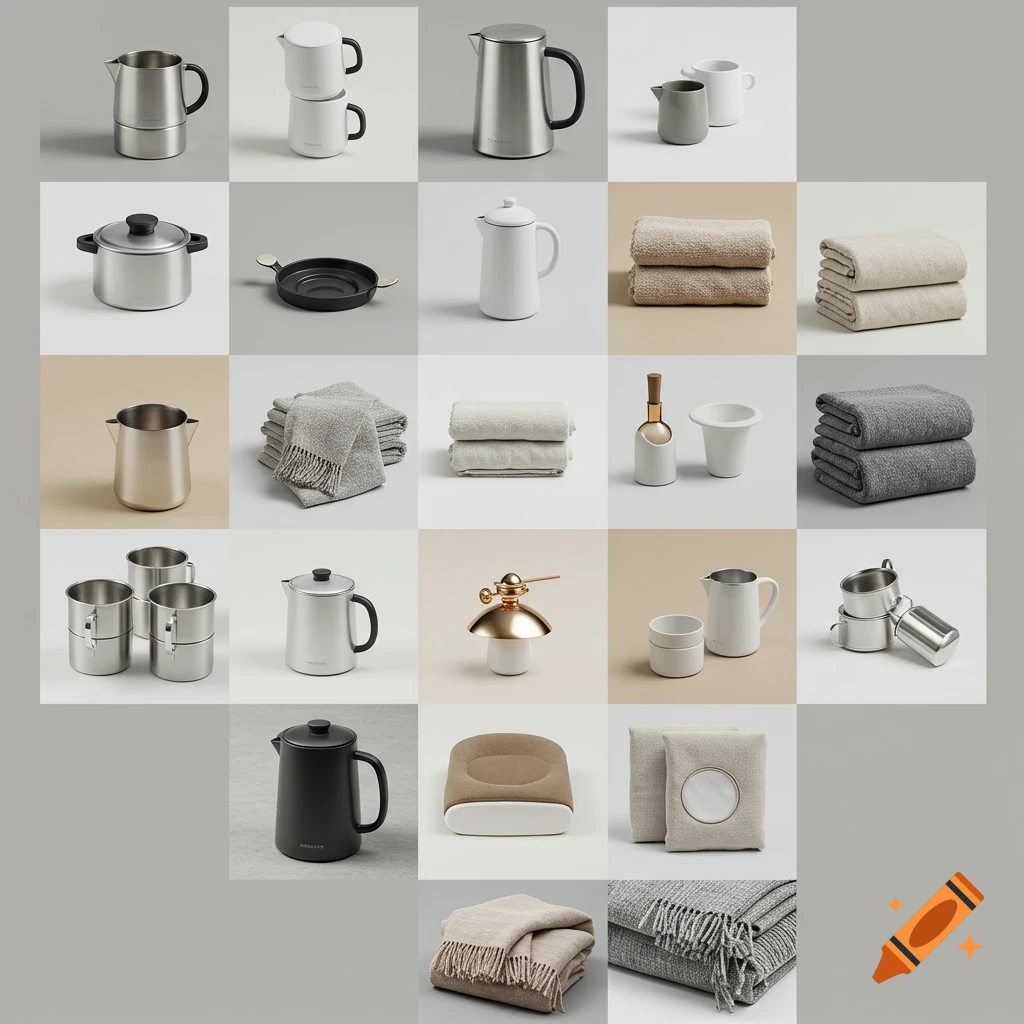 Grid of modern home goods including stainless steel and white kitchenware, folded beige and grey towels, and blankets.