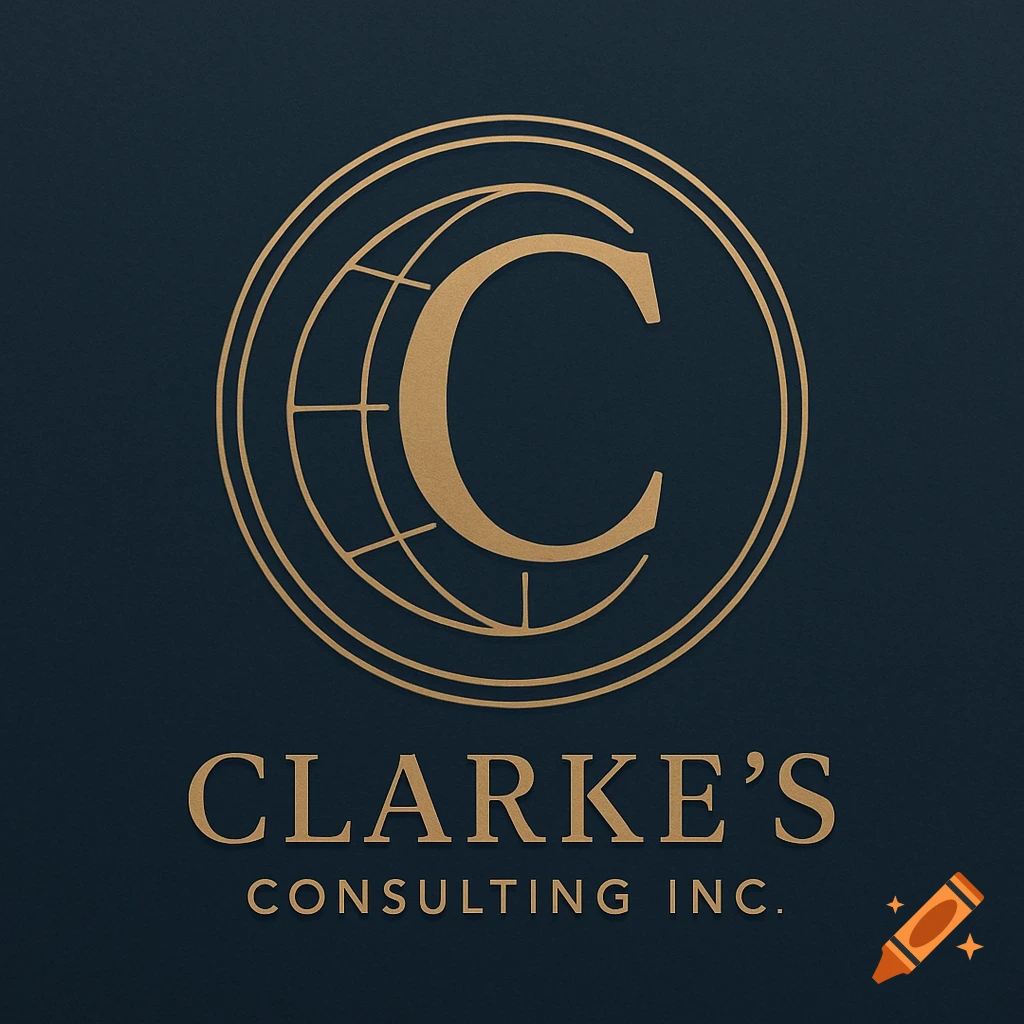 A gold company logo for Clarke's Consulting Inc. on a dark blue background, featuring a stylized 'C' inside a circular globe motif.
