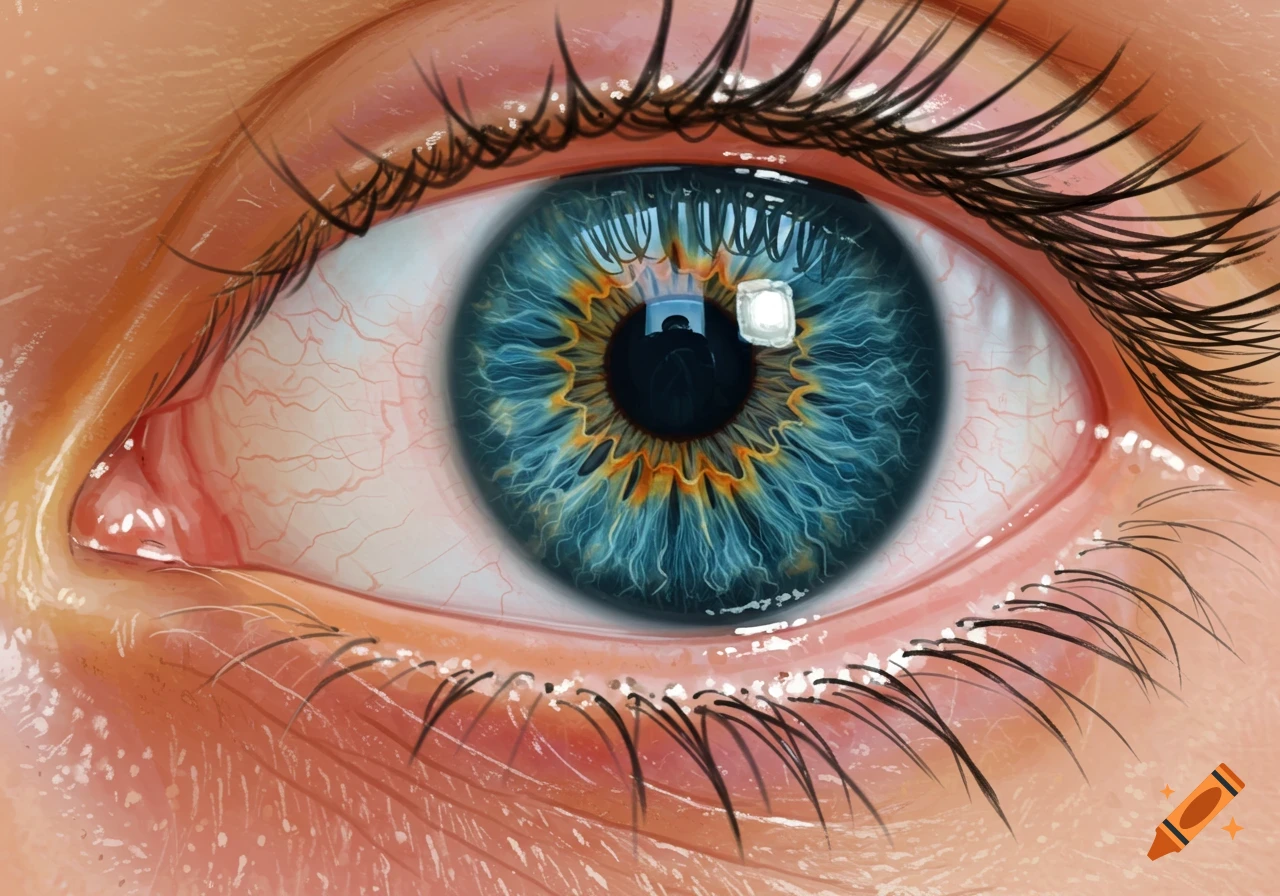 A detailed hyperrealistic close-up of a blue human eye with orange specks, long eyelashes, and visible blood vessels.