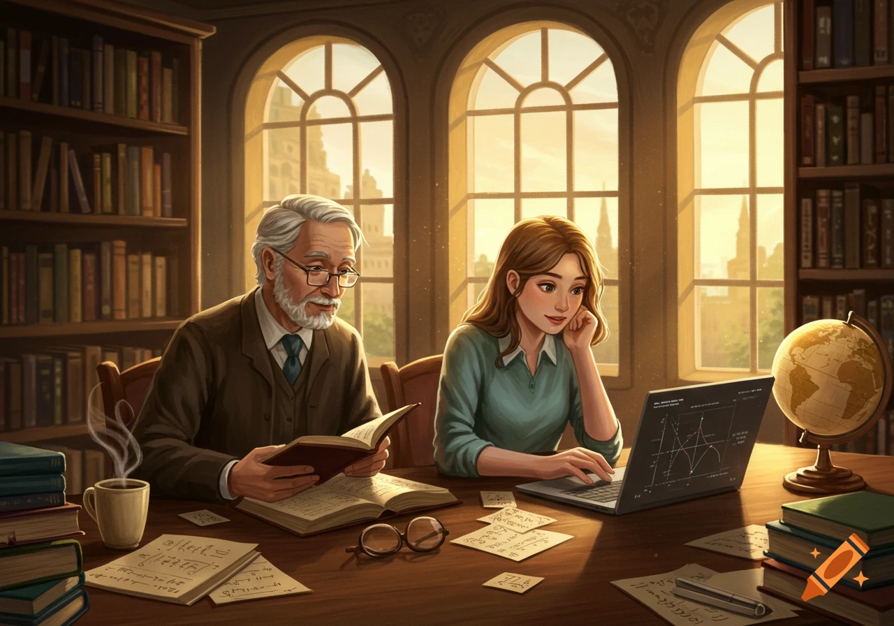 An older man reads a book and a younger woman types on a laptop, both studying at a wooden desk in a sunlit library with large arched windows, in a digital art style.