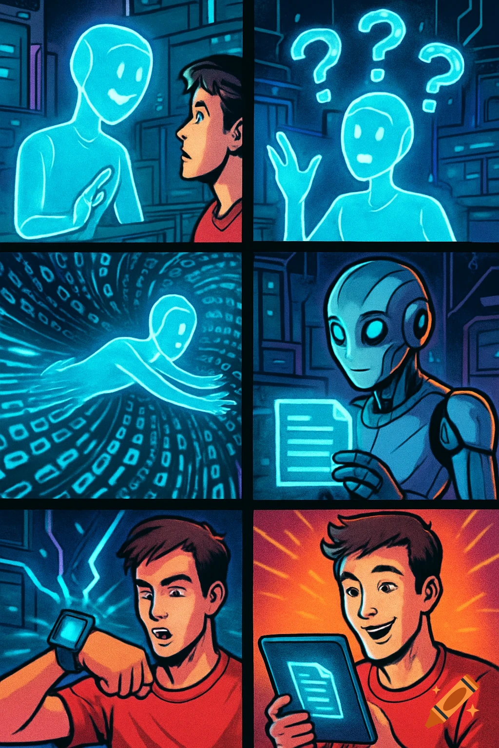 A six-panel comic strip showing a human interacting with AI agents, who process data and present results on a tablet.