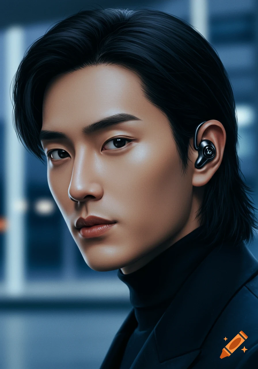 Photorealistic portrait of an Asian man with black hair, wearing a black turtleneck and an earbud.