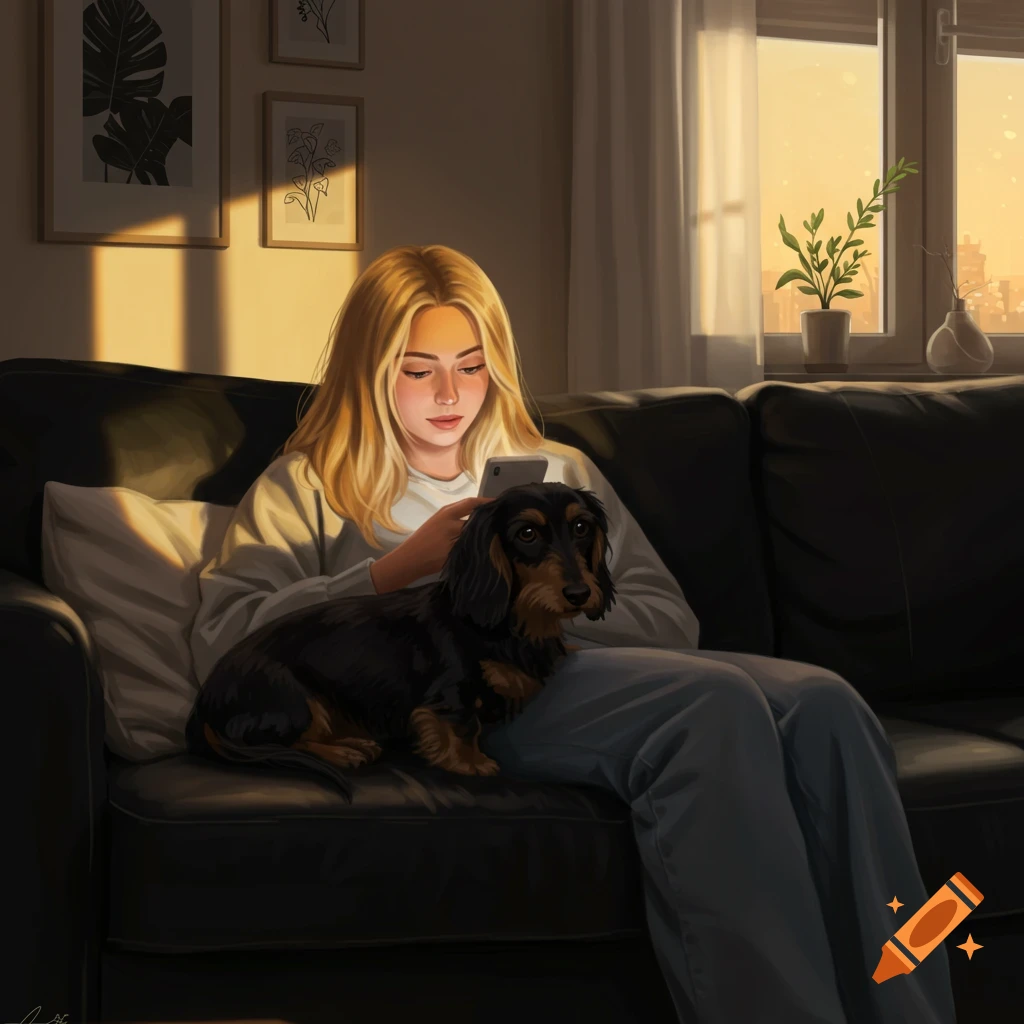 A blonde woman sits on a black couch, looking at her phone, with a black and tan dachshund lying on her lap as sunlight streams through a window.