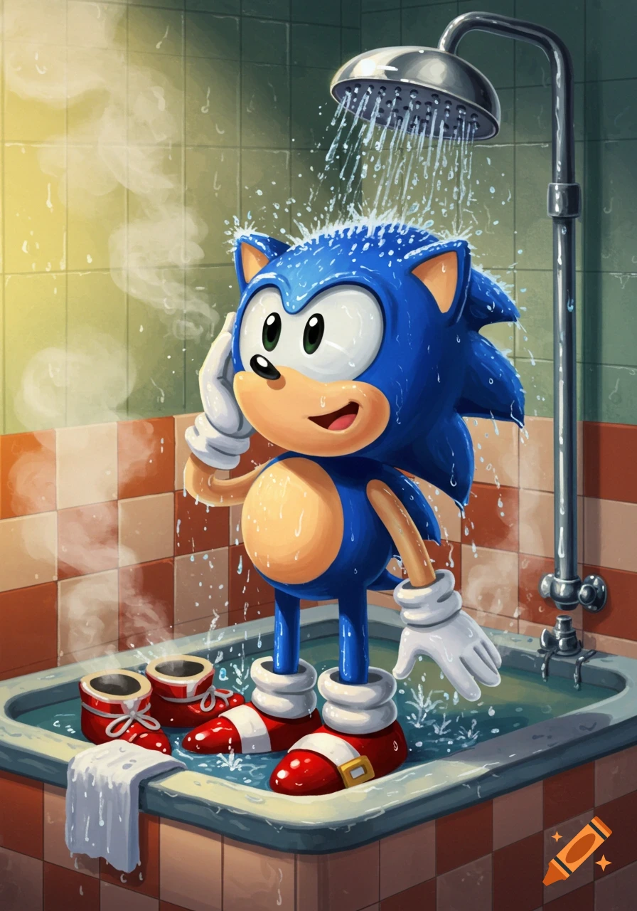 Classic Sonic the Hedgehog showers in a bathtub, water splashing around him in a vibrant cartoon style.