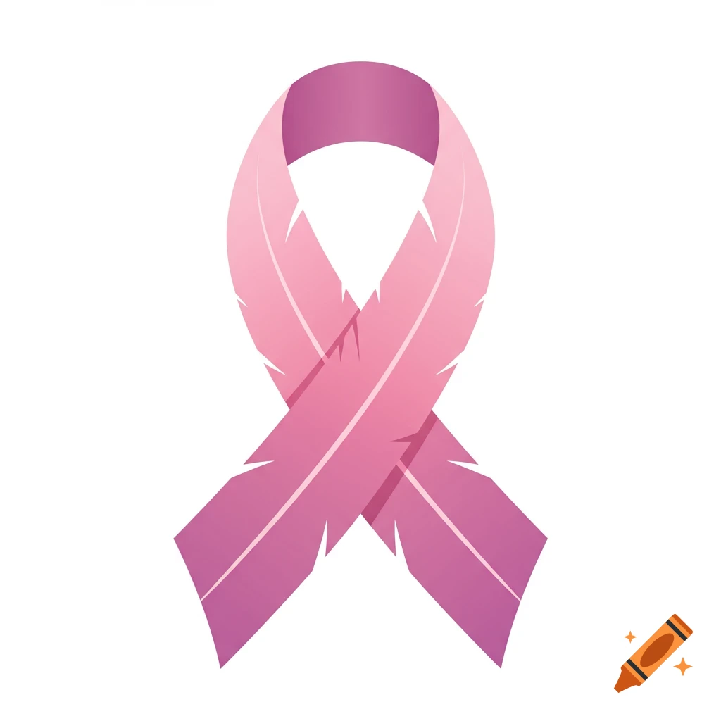 A stylized pink breast cancer awareness ribbon formed by two overlapping feathers, on a white background.