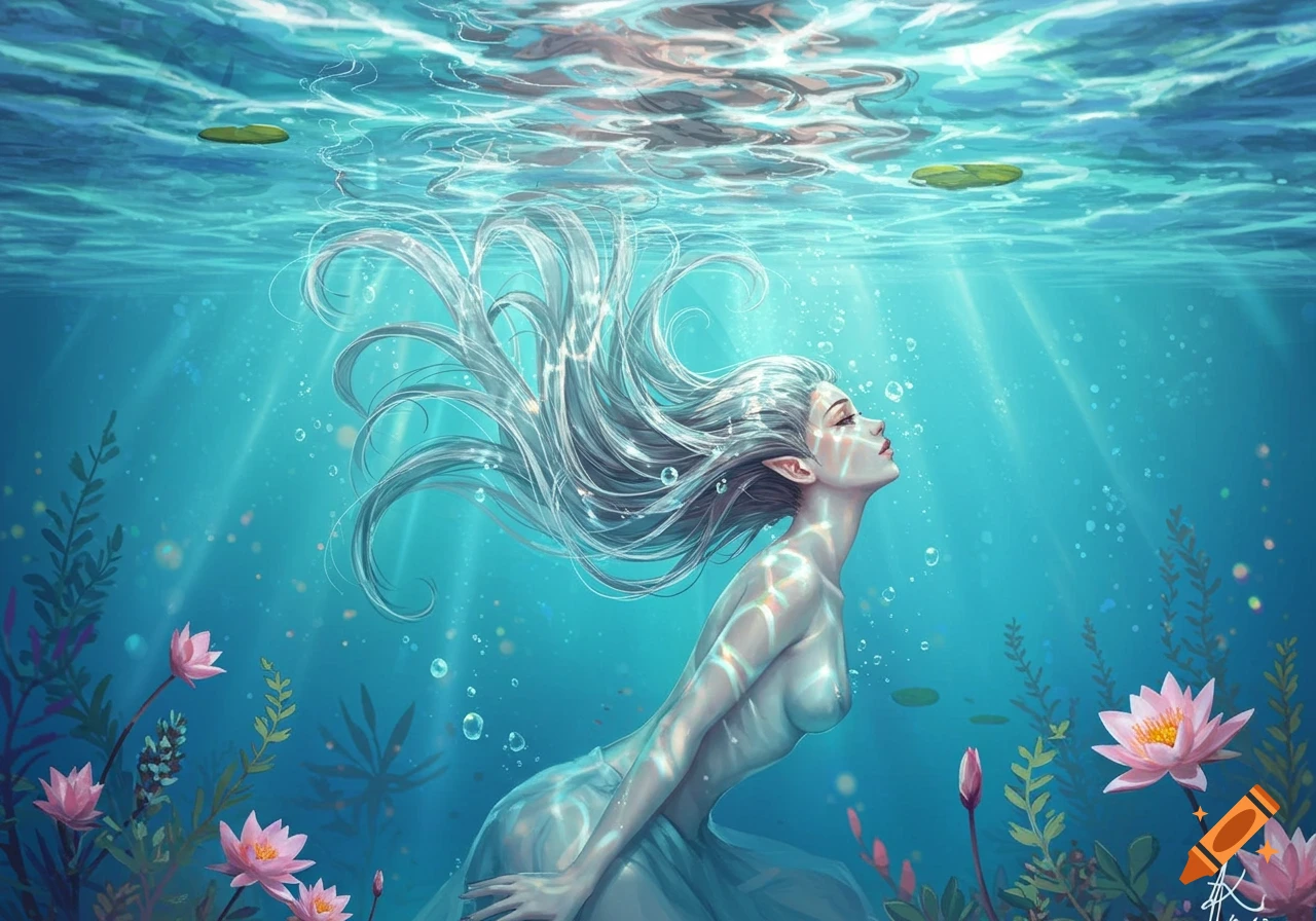 A graceful elf-like woman with long white hair swims underwater, surrounded by pink water lilies and illuminated by sunbeams.