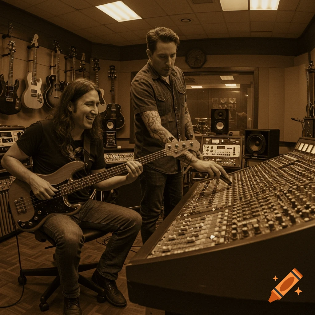 Two men in a sepia-toned recording studio, one playing bass guitar, the other adjusting a large mixing console, surrounded by guitars on the wall.