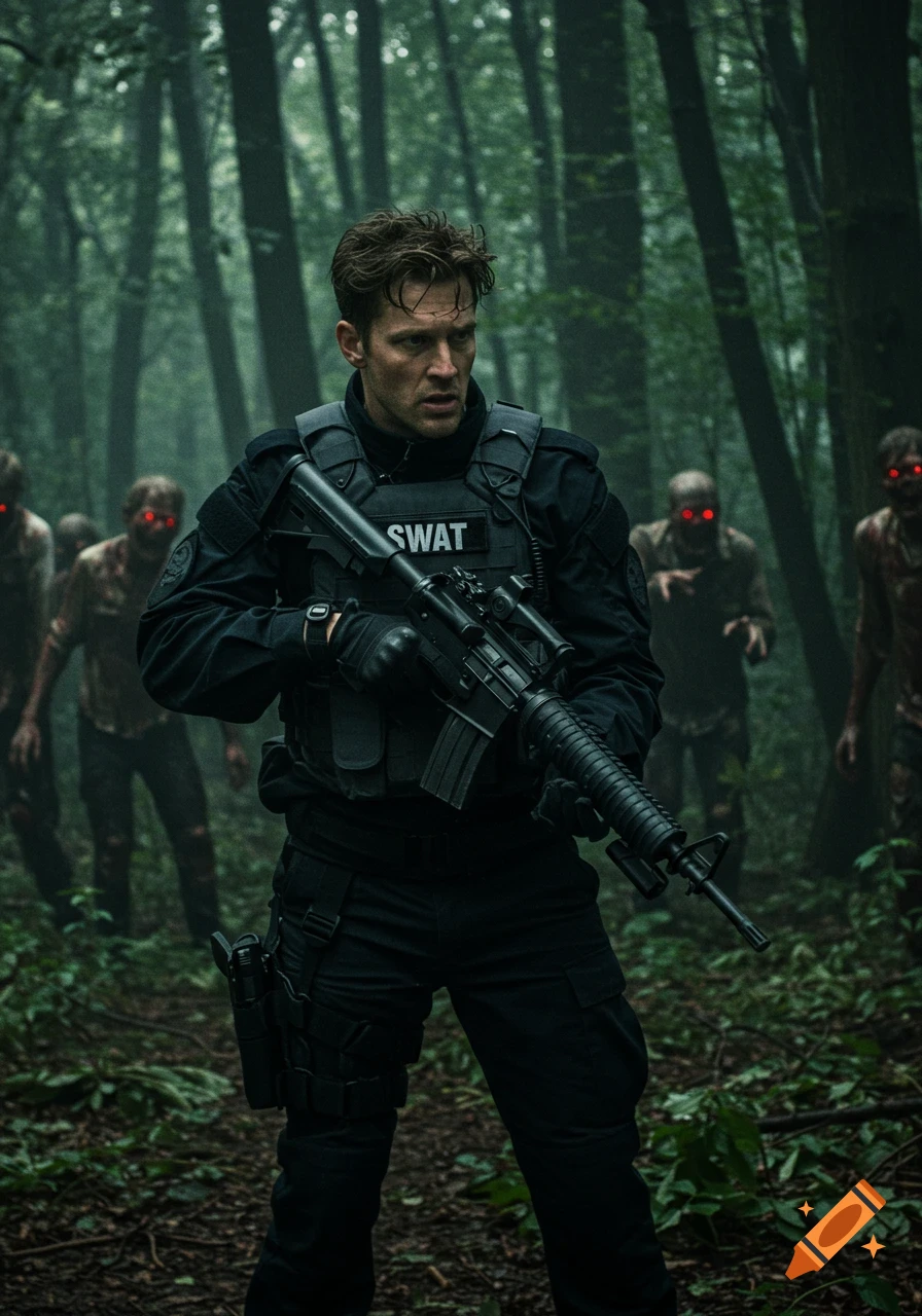 Photorealistic SWAT officer with M16 in a misty forest, surrounded by zombies with glowing red eyes.