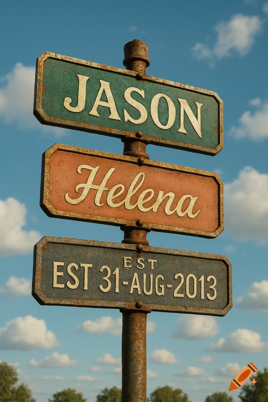 Three rusted street signs on a pole, reading 'JASON', 'Helena', and 'EST 31-AUG-2013', against a blue sky with clouds.