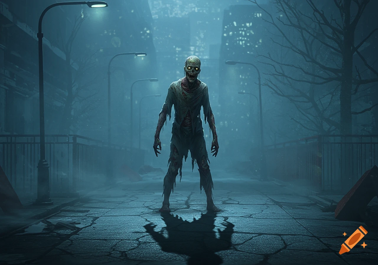 A terrifying zombie with glowing eyes, tattered clothes, and decaying skin stands on a cracked, misty city street at night.