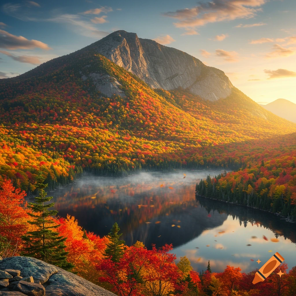 Photorealistic image of a majestic mountain overlooking a calm lake, surrounded by vibrant autumn trees under a sunset sky.