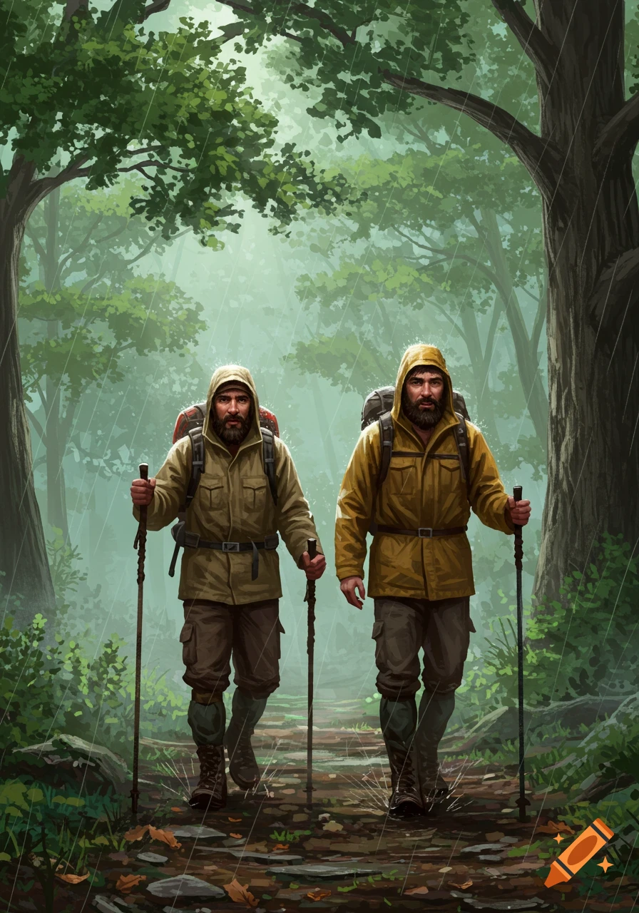 Two bearded men in rain gear hike through a lush, rainy forest with trekking poles, illustrated style.