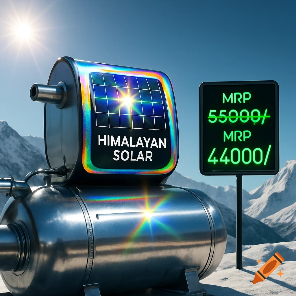 A shiny silver solar water heater with a solar panel labeled "HIMALAYAN SOLAR" in a snowy mountain landscape, next to a sign showing "MRP 55000/-" crossed out and "MRP 44000/-" below it. The sun is bright in the sky.