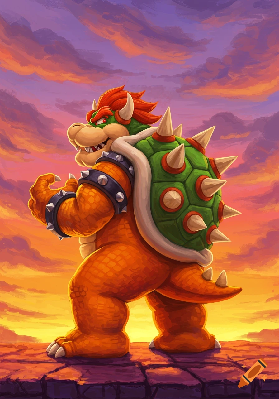 Vibrant illustration of Bowser, from Super Mario, shown from the back flexing an arm against a dramatic sunset sky.