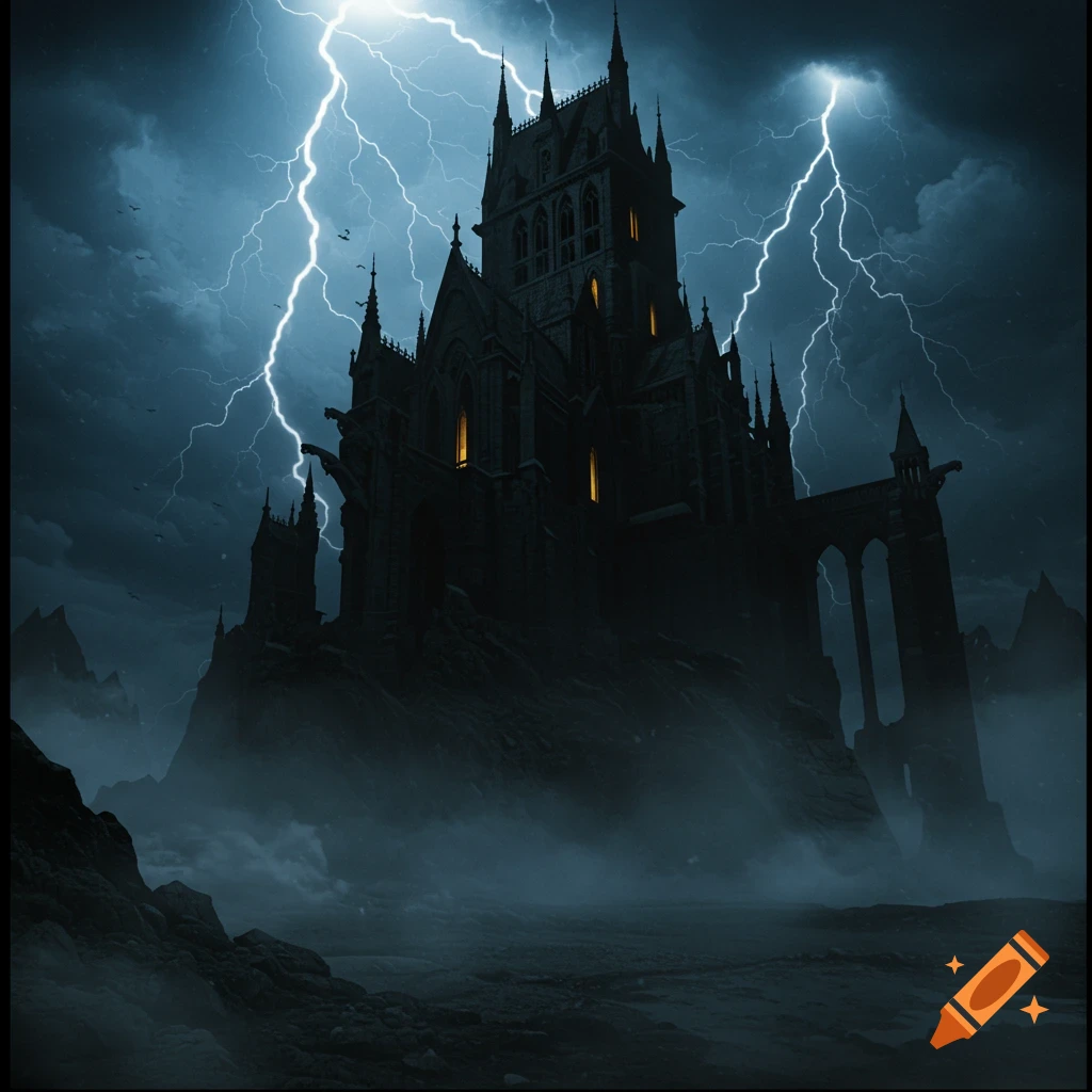 A dark, gothic castle on a rocky cliff shrouded in fog, illuminated by lightning in a stormy sky.