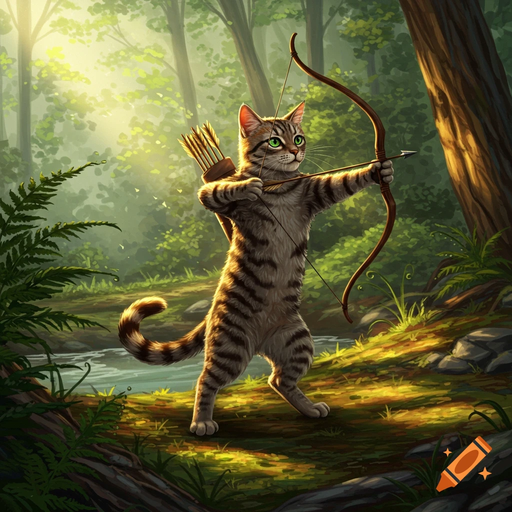 Katniss Everdeen depicted as a cat with a bow and arrow in action on Craiyon, image size:1024x1024