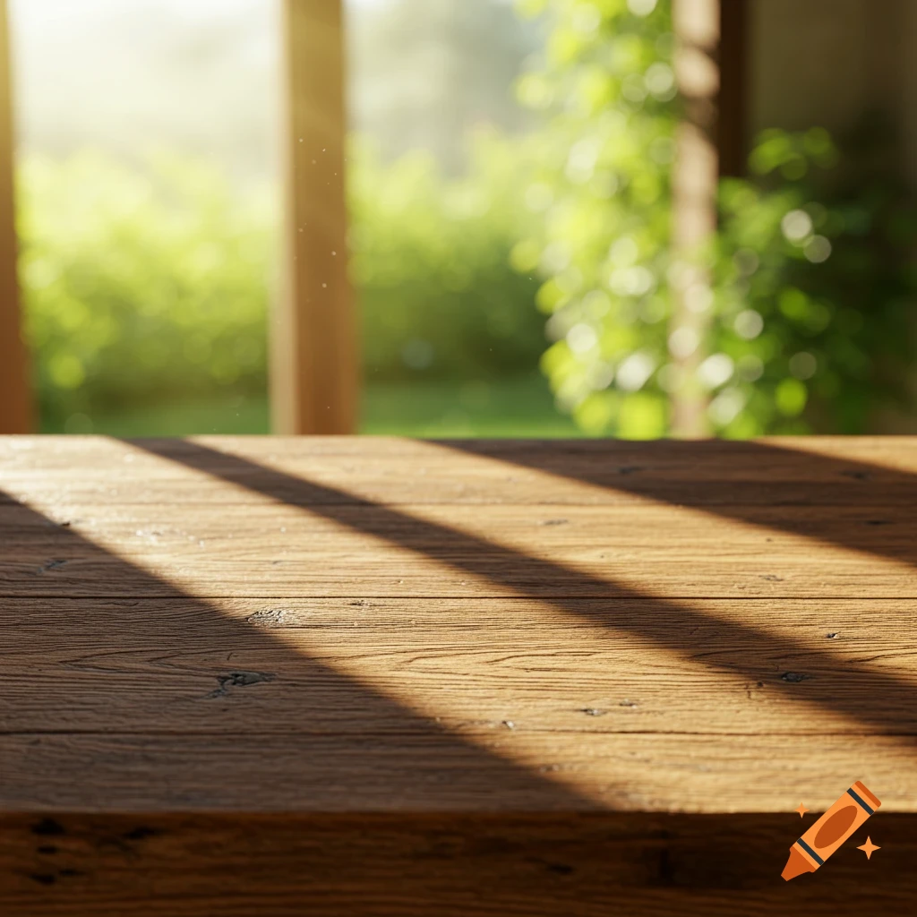 Empty rustic wooden table bathed in sunlight with a blurred green garden in the background.