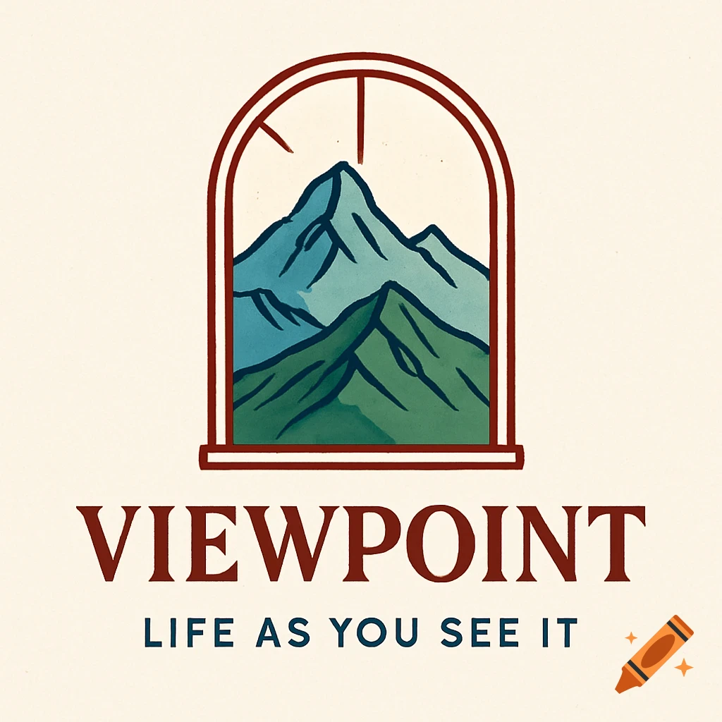 Stylized logo with green and blue mountains viewed through a red arched window. Text 'VIEWPOINT' and 'LIFE AS YOU SEE IT'.
