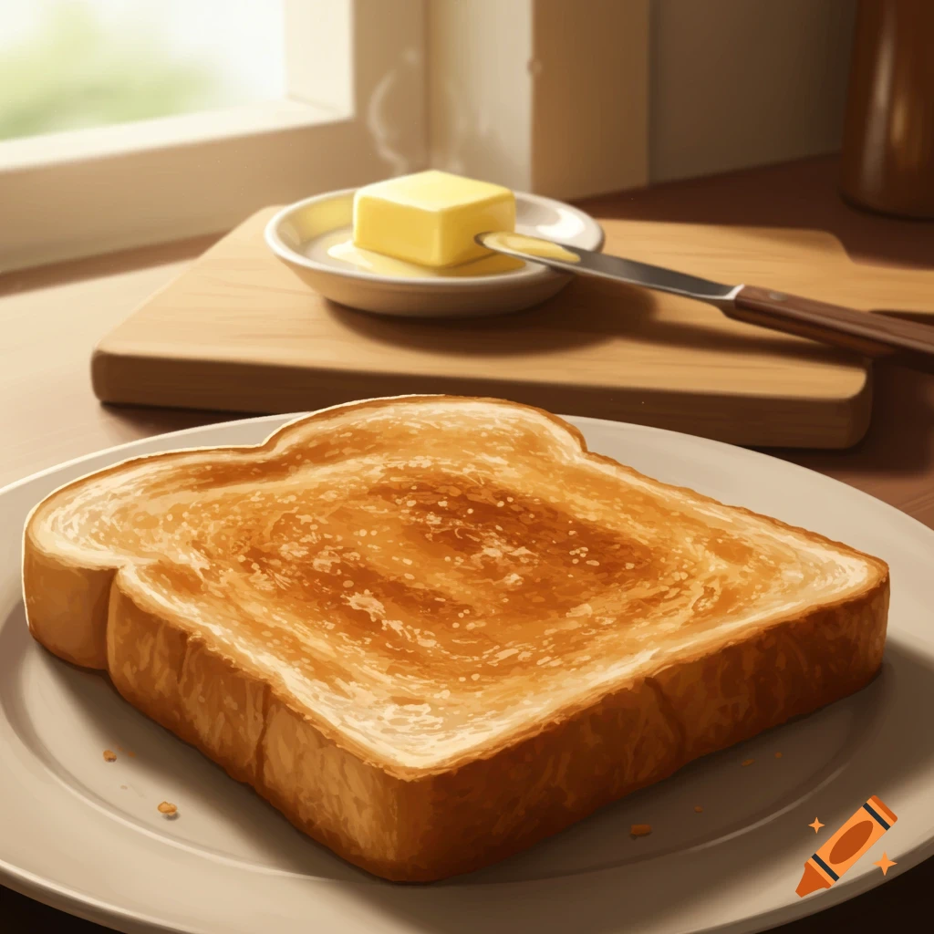 A slice of golden-brown toast on a white plate with a pat of butter and knife on a wooden board in the background, near a sunlit window. Illustration style.