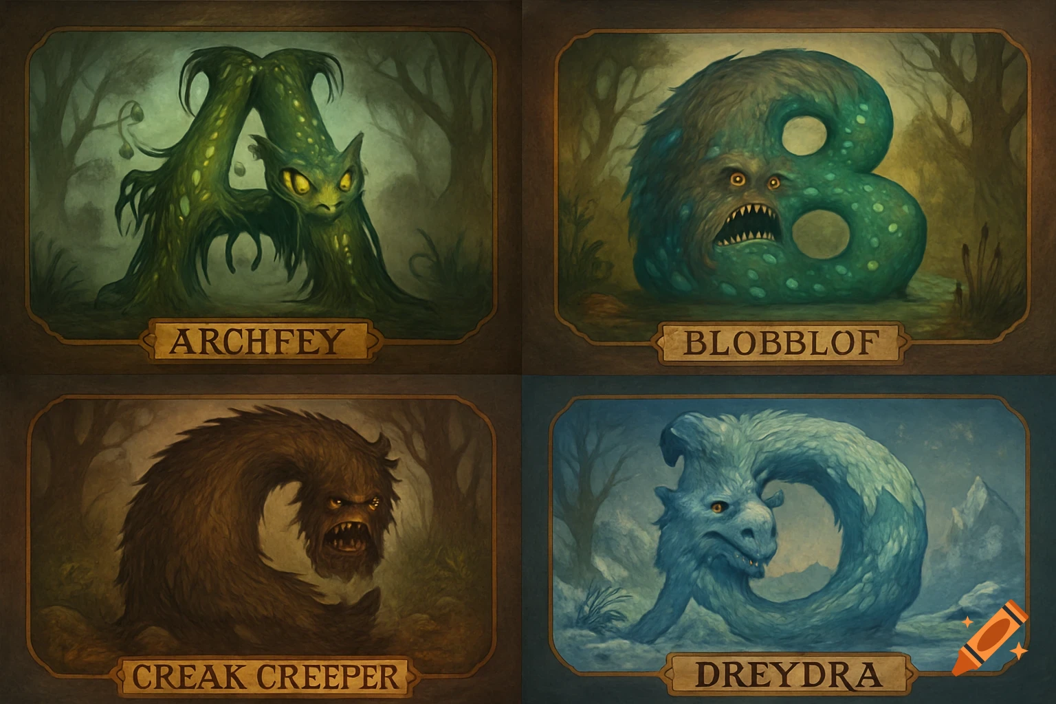 Four framed illustrations of stylized, fantastical monsters in the shapes of letters A, B, C, and D, each with a name label below.