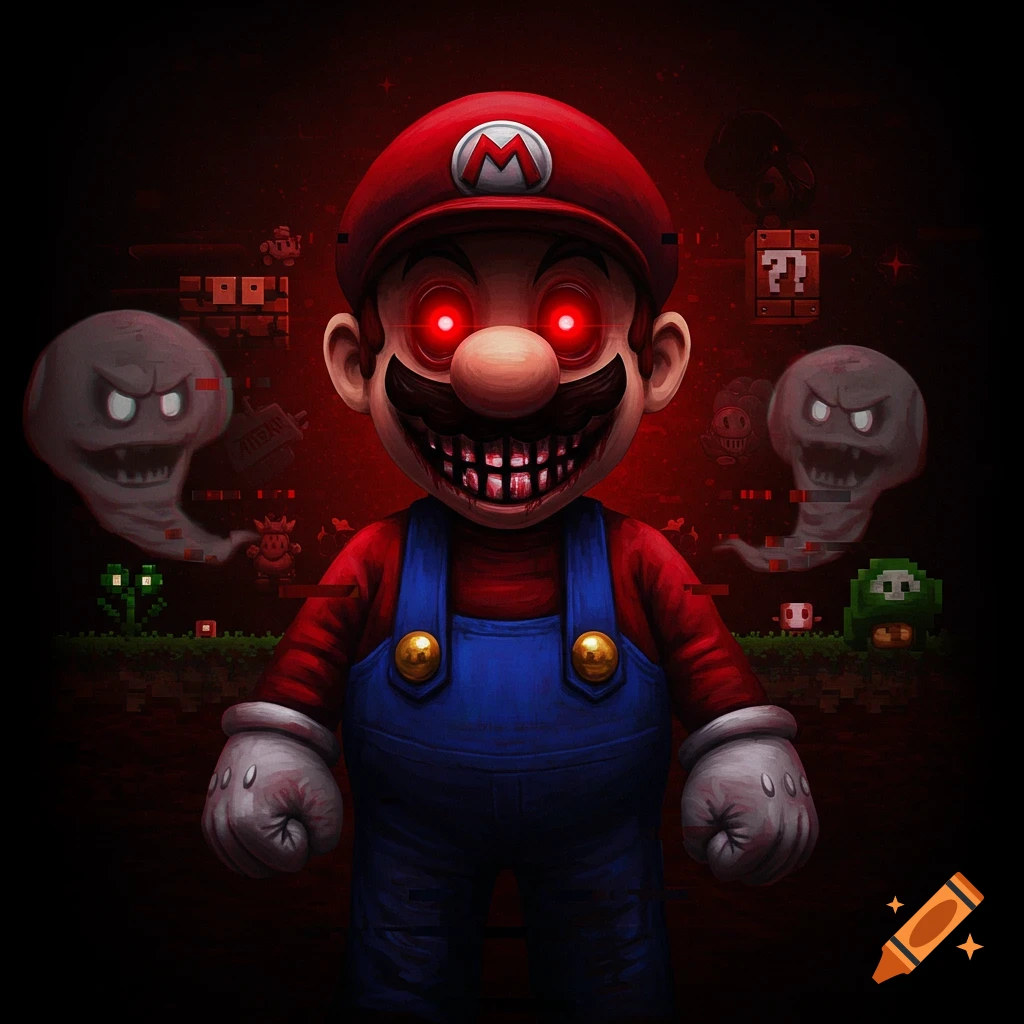 Terrifying, evil Mario with glowing red eyes and a bloody, toothy grin, surrounded by ghostly Boos and pixel glitches in a dark, horror style.