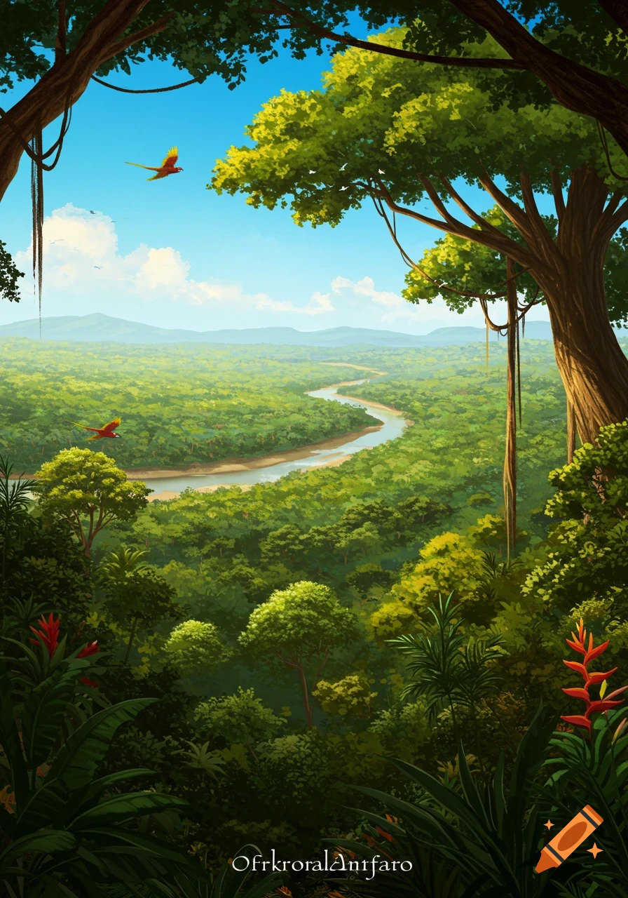 Vibrant, stylized view of a winding river through a dense tropical jungle with large trees framing the scene and parrots flying.