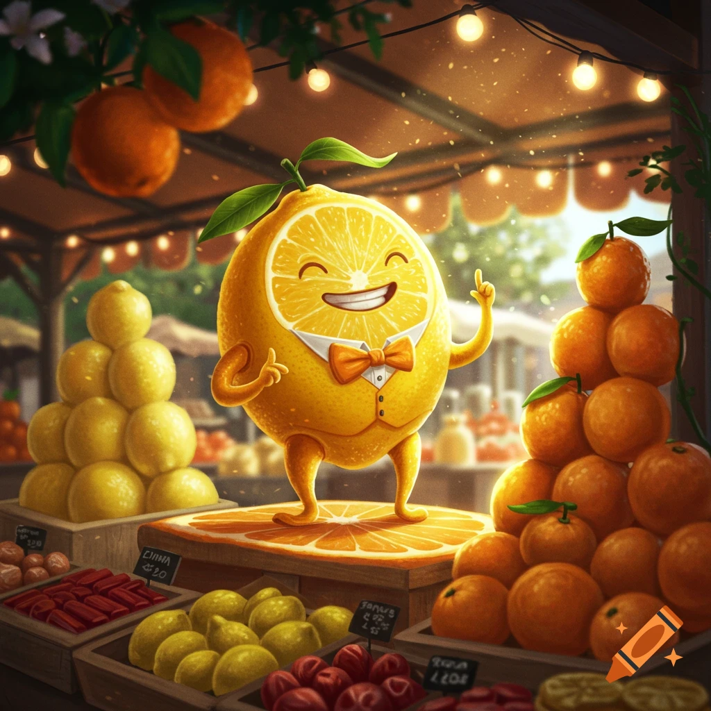 A cheerful cartoon lemon in a suit stands on a slice at a vibrant fruit market stall, surrounded by piles of lemons and oranges.