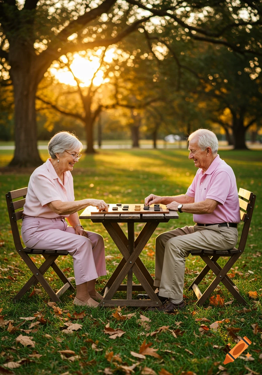 An elderly couple smiles while playing a board game at a wooden table in a sun-drenched park during sunset.
