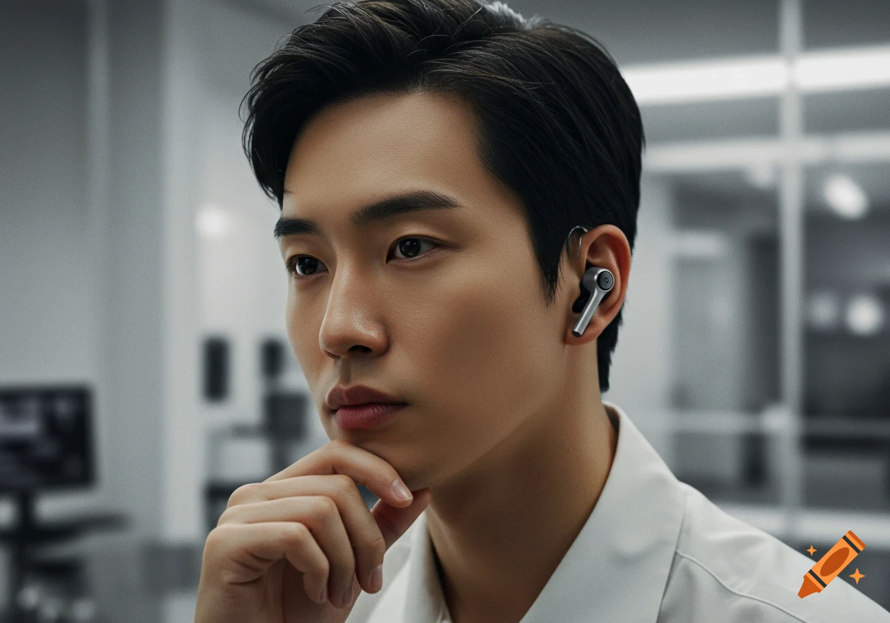 Photorealistic close-up of an Asian man wearing a white shirt and a silver earbud, hand on chin, looking pensive.