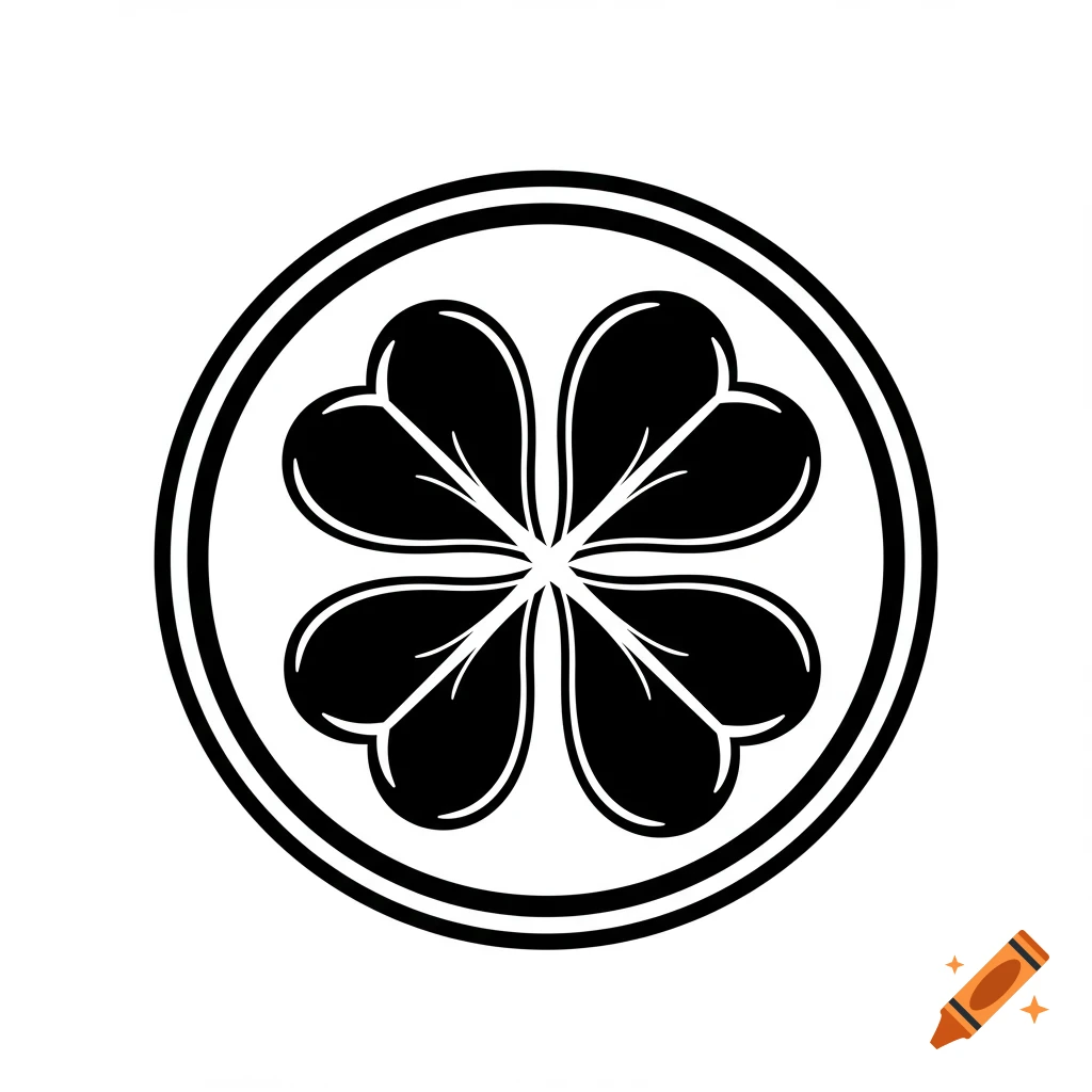 Black four-leaf clover silhouette inside a double circle, vector art.