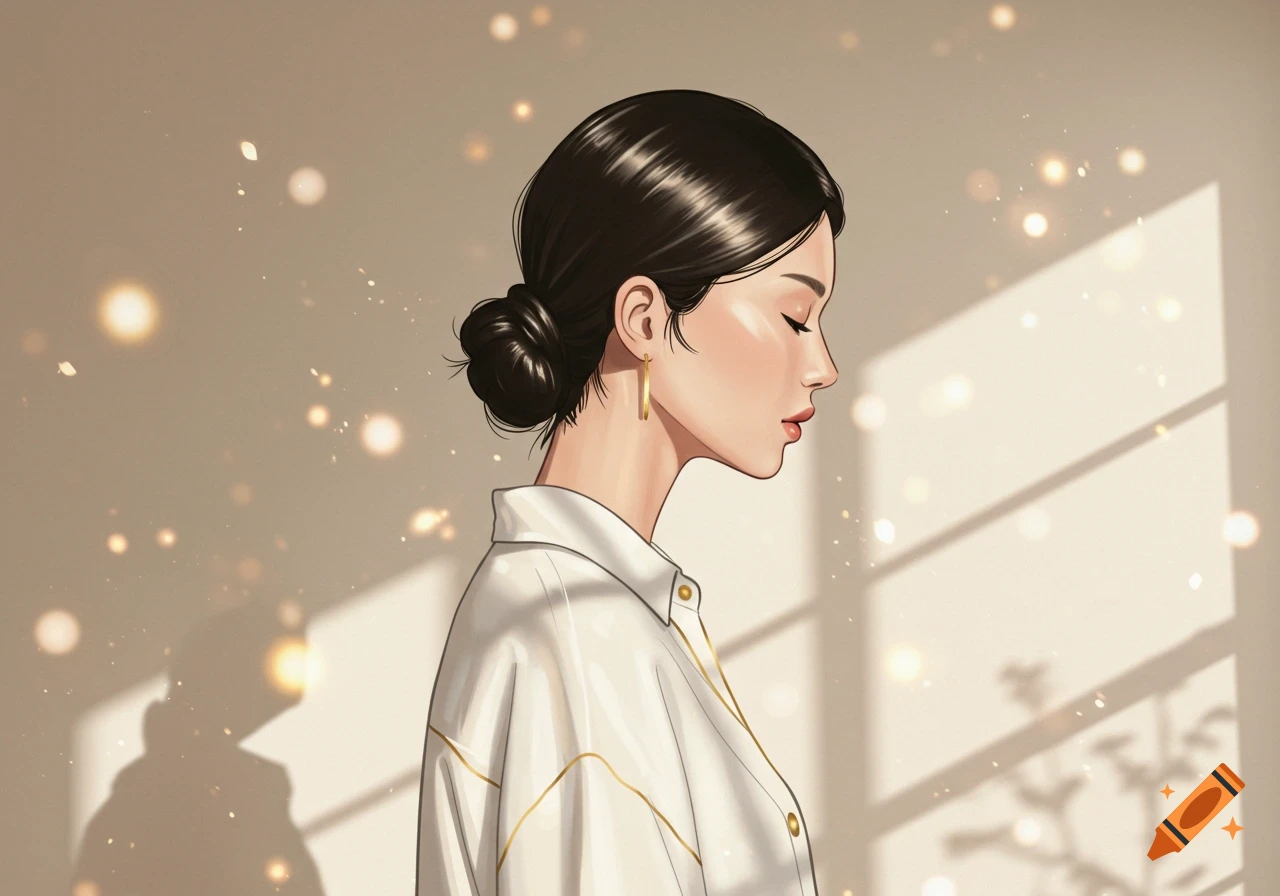 Illustrated profile of a serene woman with dark hair in a bun, wearing a white shirt, against a warm background with bokeh lights.