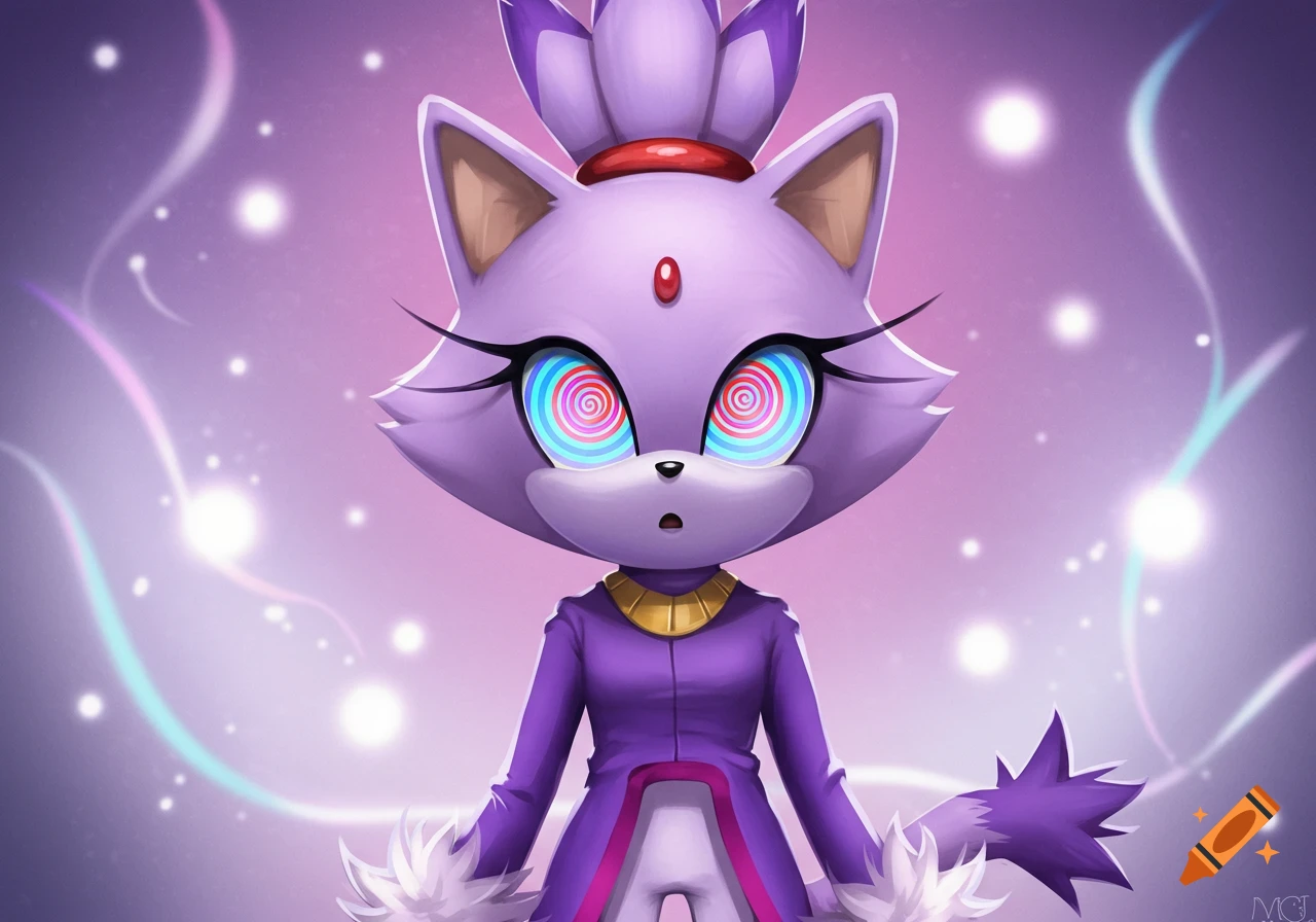 Blaze the Cat, a purple cat-like character, with spiral rainbow eyes looking shocked against a sparkly purple background.