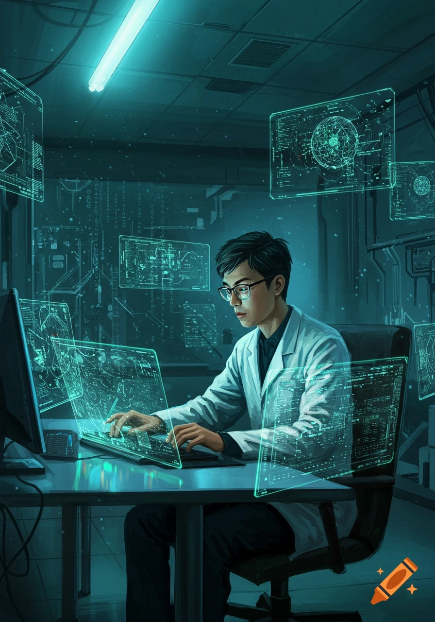 A man in a lab coat and glasses works at a desk surrounded by glowing, holographic computer screens displaying data and code in a futuristic, dark room.