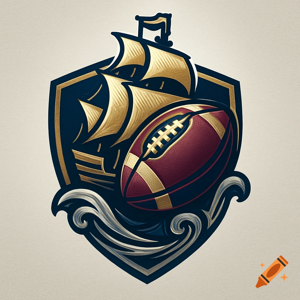 A gold and navy blue crest logo featuring a sailing ship, waves, and a red and gold football.