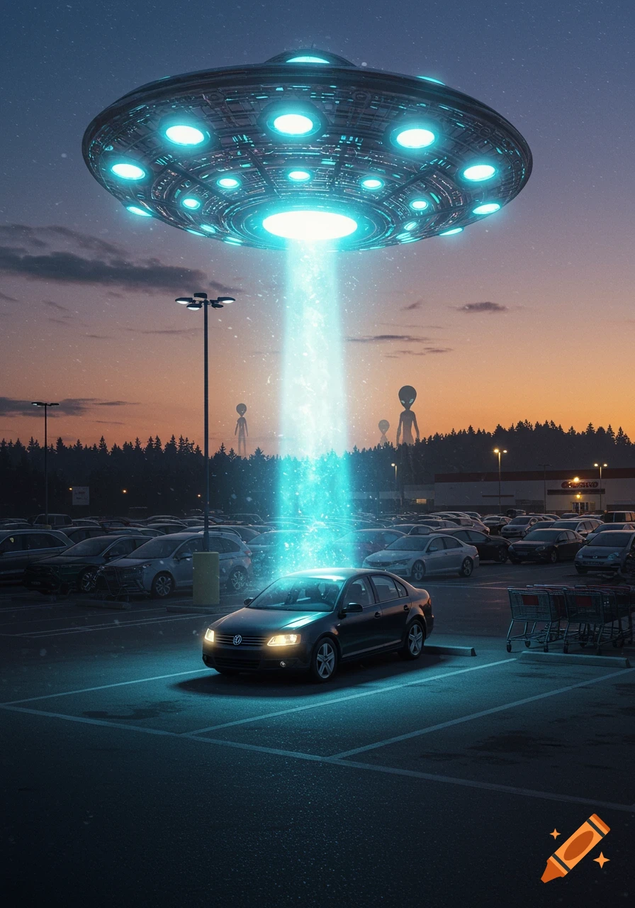 A UFO beams up a black Volkswagen Jetta from a parking lot at dusk. Tall aliens stand in the background near a forest.
