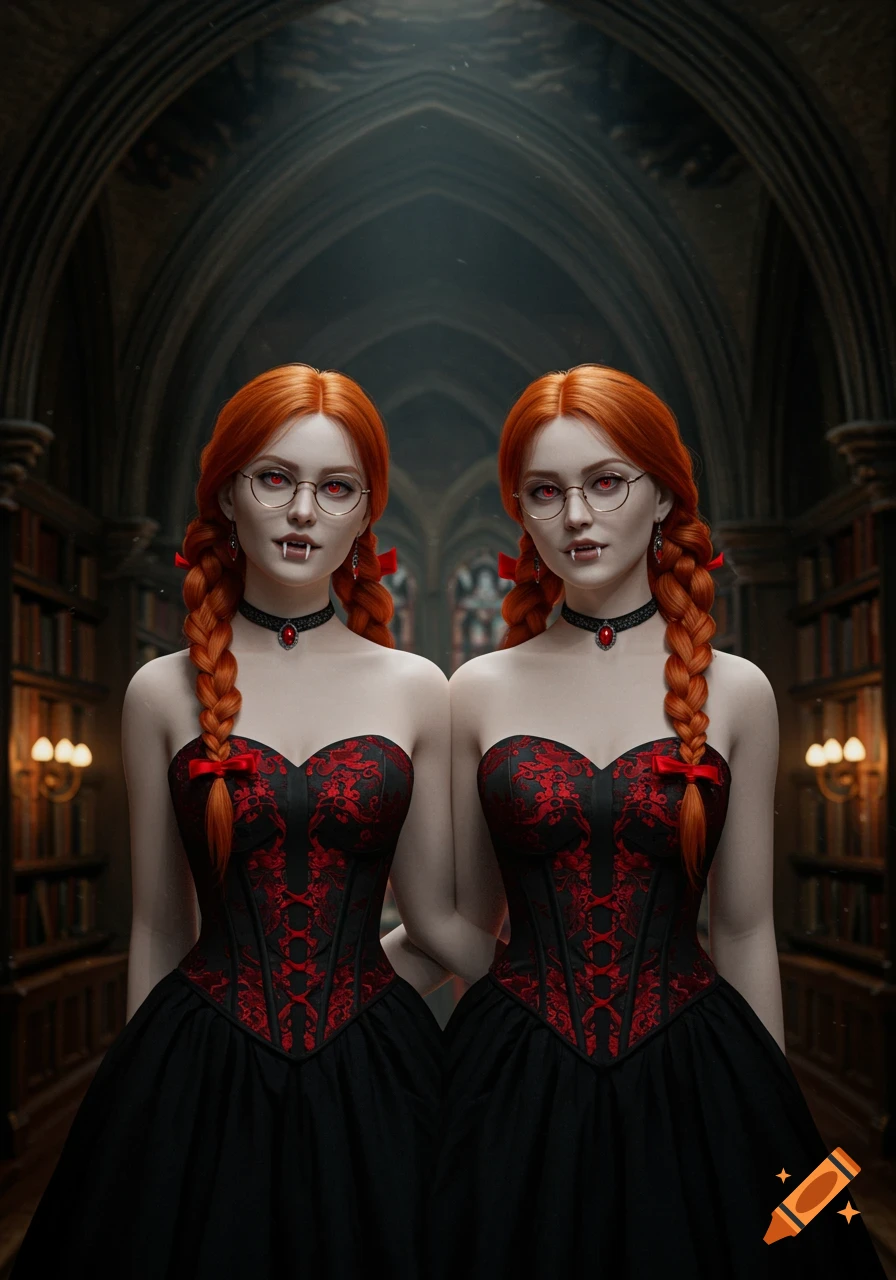 Photorealistic portrait of two identical vampire twin sisters with pale skin, red eyes, fangs, and ginger braided hair, wearing gothic gowns in a grand library.