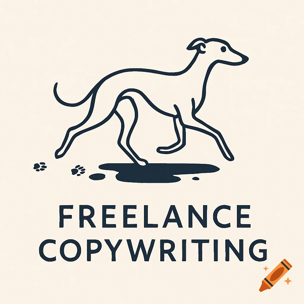 Minimalist line art logo featuring a whippet dog with ink spot paw prints and shadow, above 'FREELANCE COPYWRITING' text.