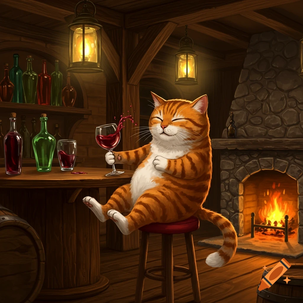 A cartoon orange tabby cat happily spills red wine from a glass while sitting on a stool in a cozy tavern.