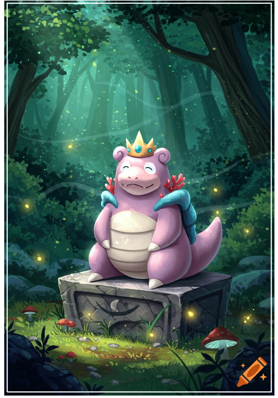 An illustration of Slowking wearing a crown and blue mantle, sitting on a stone in an enchanted forest with fireflies and mushrooms.