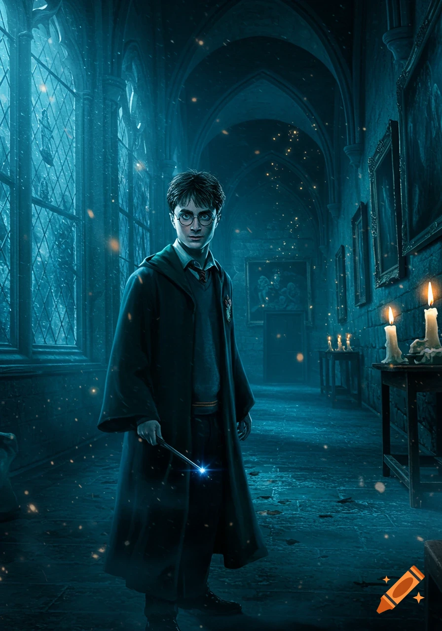 Harry Potter in a dark, blue-toned gothic hallway, holding a glowing wand, with magical particles floating around.