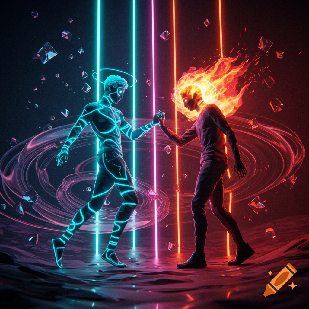 Two glowing humanoid figures, one neon blue and one fiery, hold hands in a futuristic setting with neon lights and floating crystals.