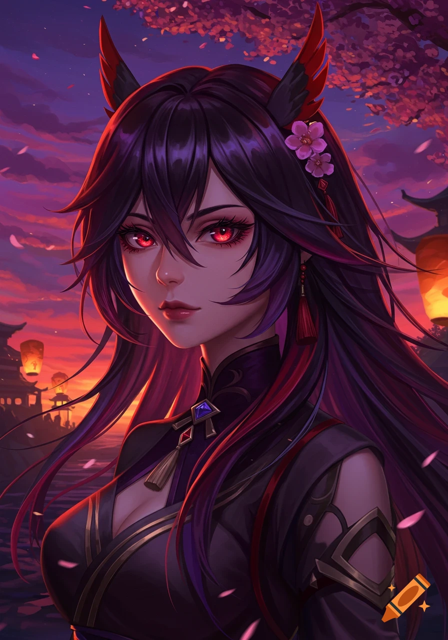 Anime girl with long purple-black hair, red eyes, and horns, wearing dark traditional clothes, against a sunset with cherry blossoms and lanterns.