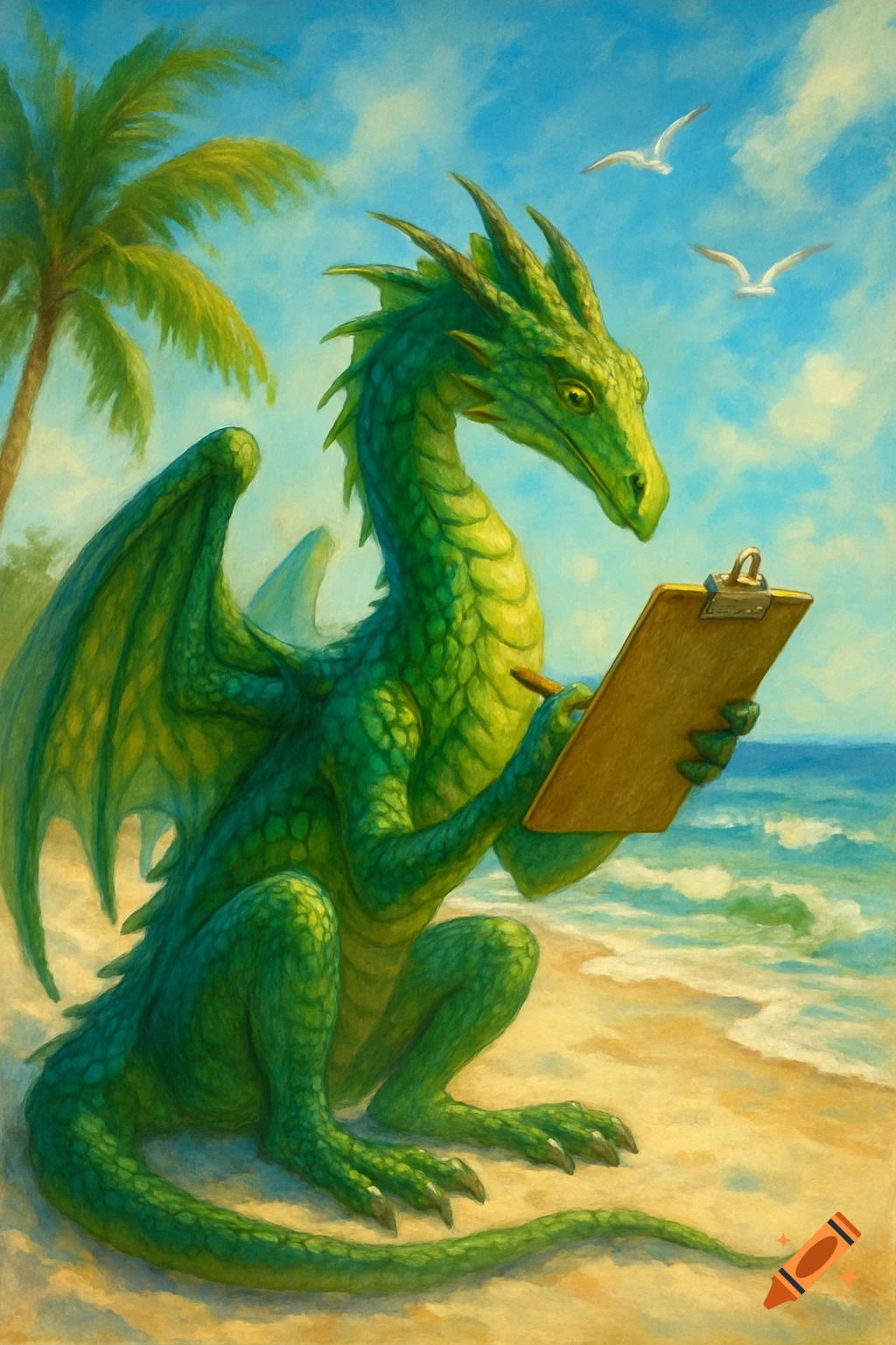 An illustrated green dragon sits on a sunny beach, holding a clipboard and pencil, with palm trees and ocean waves.